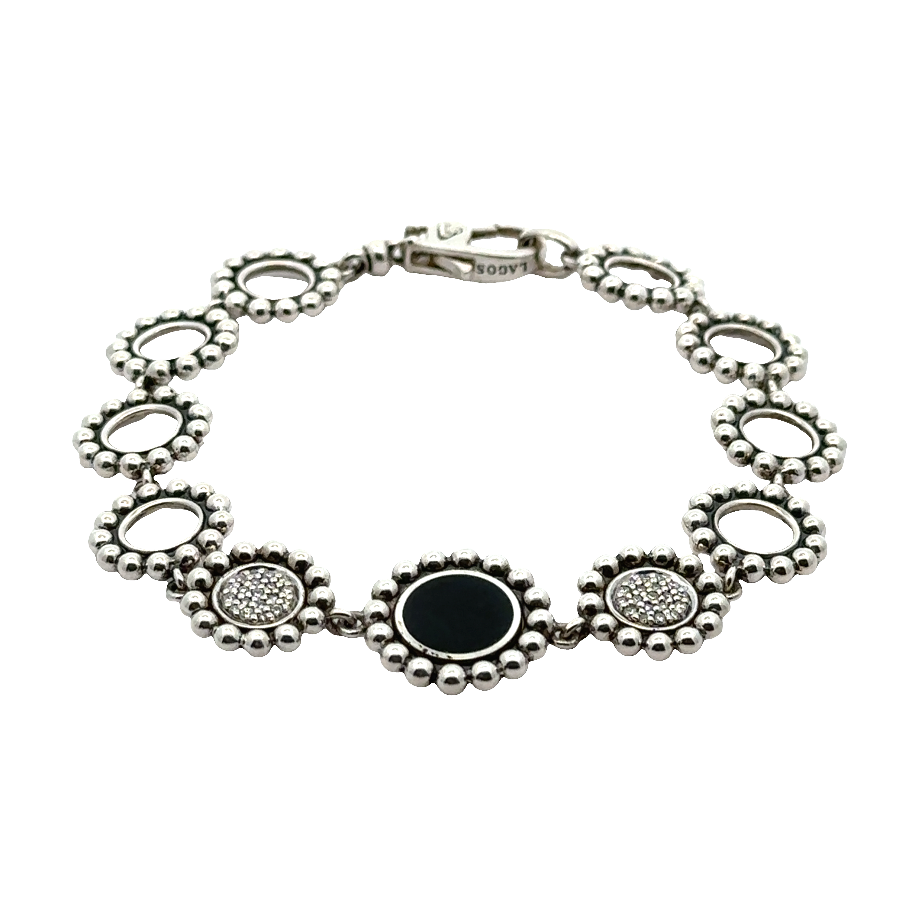 Pre-Owned Lagos Onyx and Diamond Circle Link Bracelet