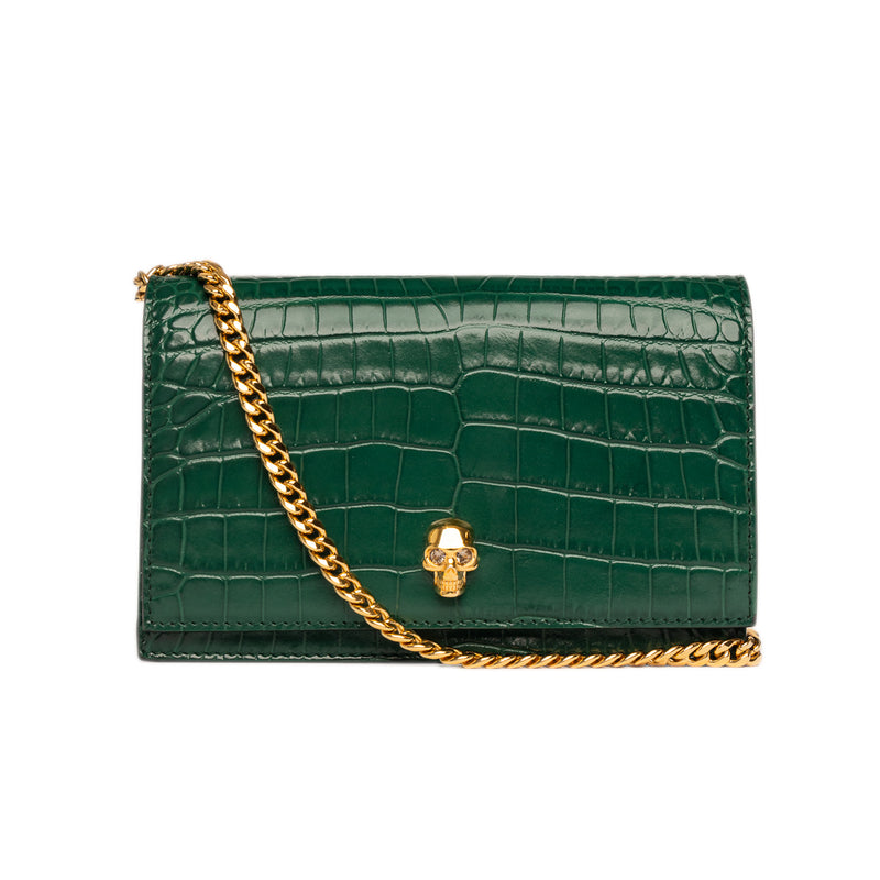 Pre-Owned Alexander McQueen Small Skull Croc-Embossed Leather Shoulder Bag