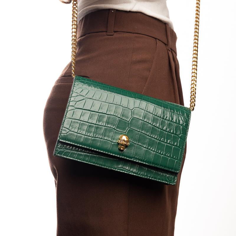 Pre-Owned Alexander McQueen Small Skull Croc-Embossed Leather Shoulder Bag