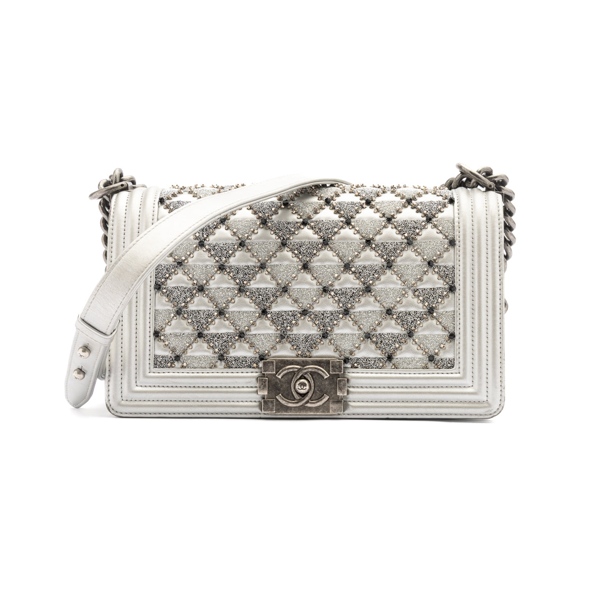Pre-Owned Chanel Limited Edition Silver Metallic Embroidered Boy Bag