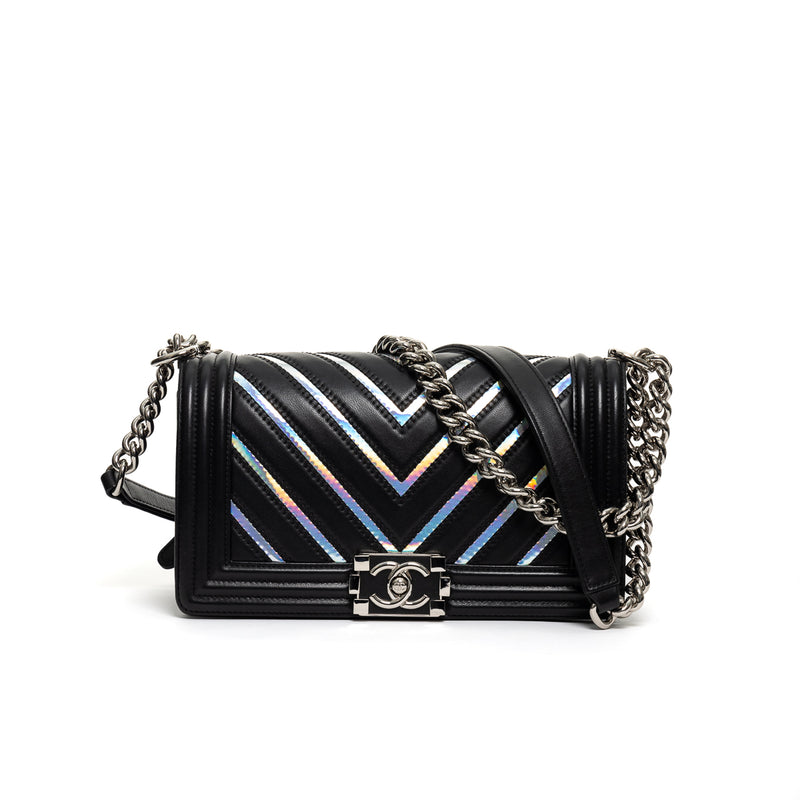 Pre-Owned Chanel Boy Flap Old Medium Iridescent  PVC Chevron