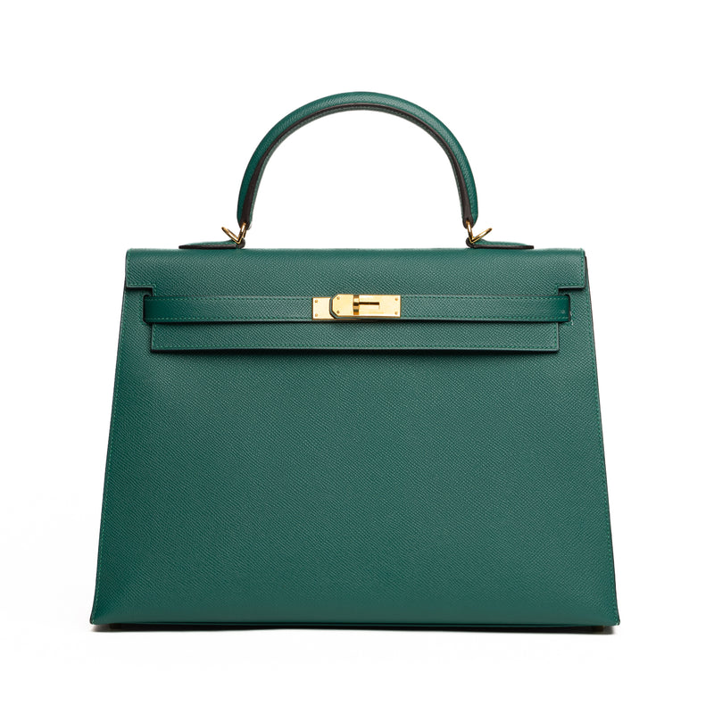 Pre-Owned Hermes Epsom Kelly II Sellier 35 Malachite Handbag