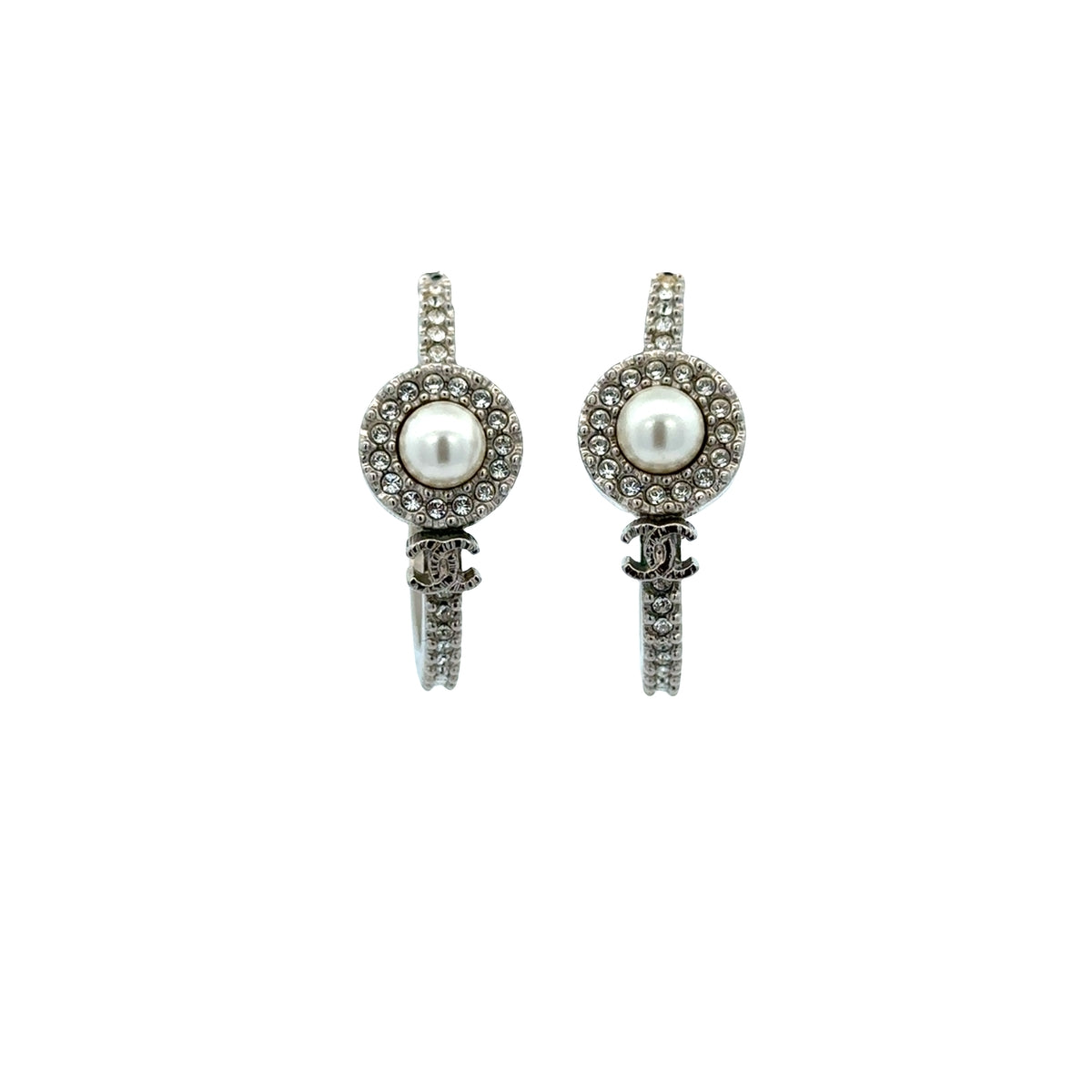 Pre-Owned Chanel Faux Pearl and Strass CC Hoop Earrings