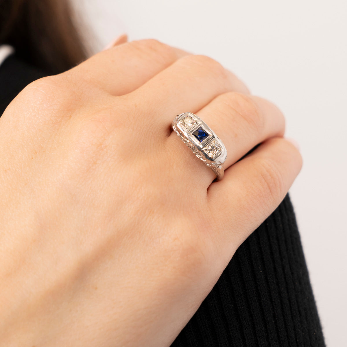 Pre-Owned Vintage Synthetic Blue Sapphire and Diamond Ring