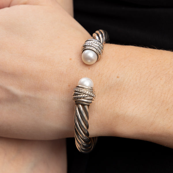 Pre-Owned David Yurman Pearl and Diamond Crossover Cuff