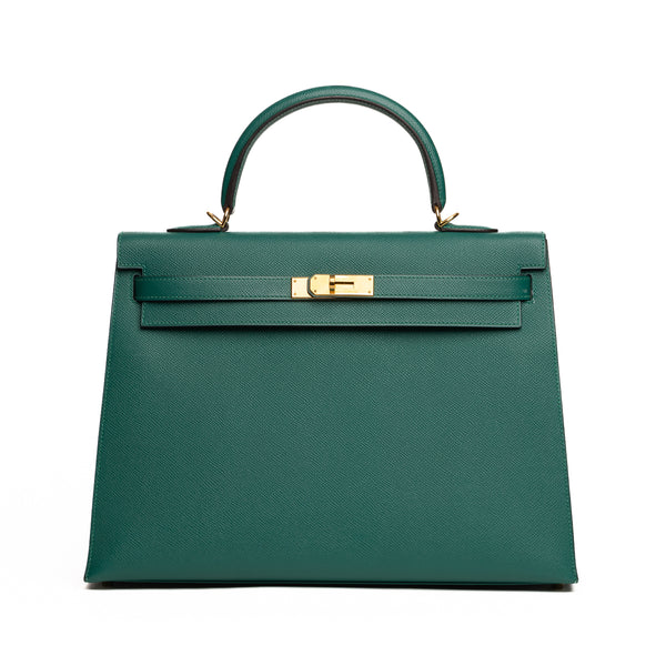 Pre-Owned Hermes Epsom Kelly II Sellier 35 Malachite Handbag