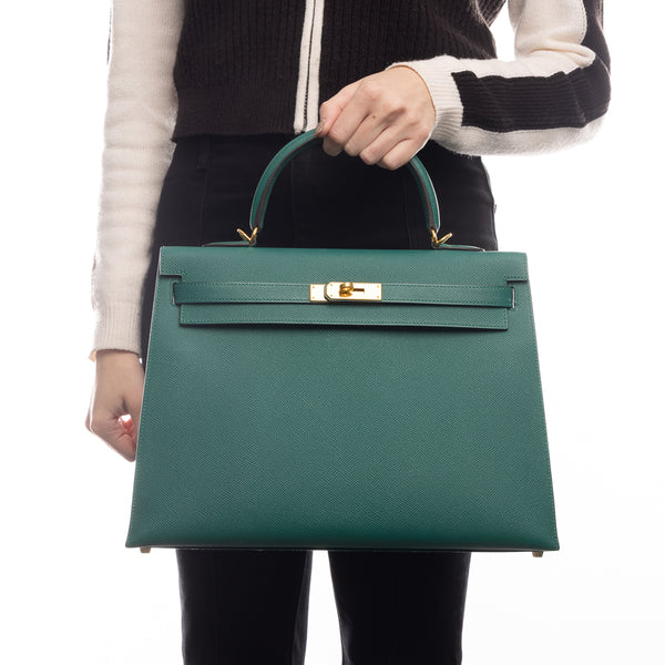 Pre-Owned Hermes Epsom Kelly II Sellier 35 Malachite Handbag