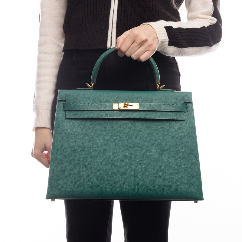 Pre-Owned Hermes Epsom Kelly II Sellier 35 Malachite Handbag
