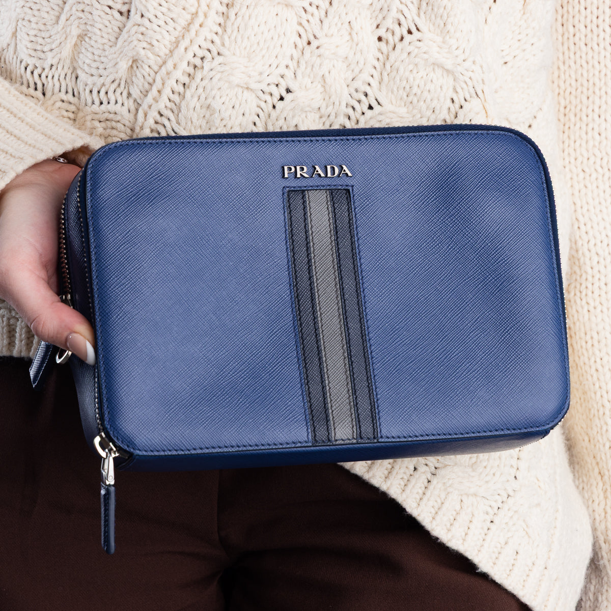 Prada Saffiano Double Zip Clutch