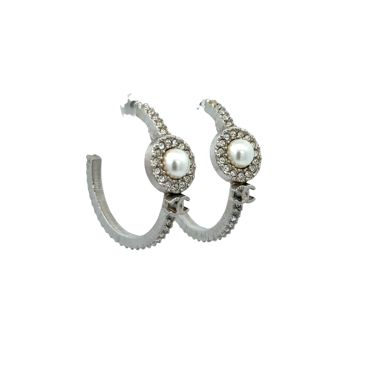 Pre-Owned Chanel Faux Pearl and Strass CC Hoop Earrings